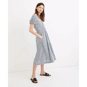 New With Tags Madewell Embroidered Gingham Faux-Wrap Tie Waist Midi Dress